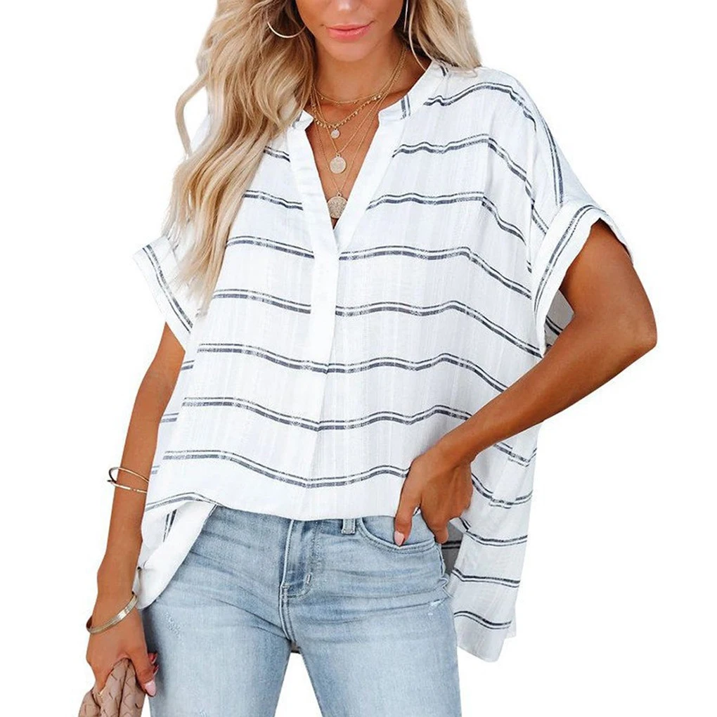 Short sleeved striped pullover shirt loose fitting shirt for women Short striped pullover V-neck loose for women
Short sleeved striped pullover shirt loose fitting shirt for women Short striped pullover V-neck loose for women