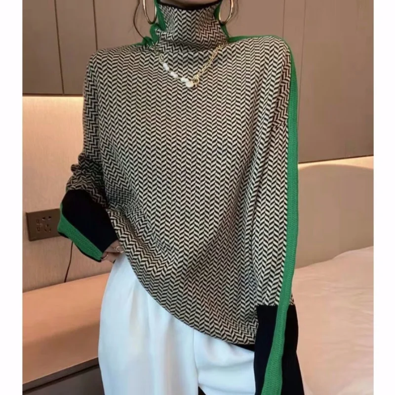 Korean Geometric Sweater 2022 Fashion Women's Turtleneck Pullovers Colorblocked Full Loose Knitted Sweater Tops for Lady
Korean Geometric Sweater 2022 Fashion Women's Turtleneck Pullovers Colorblocked Full Loose Knitted Sweater Tops for Lady