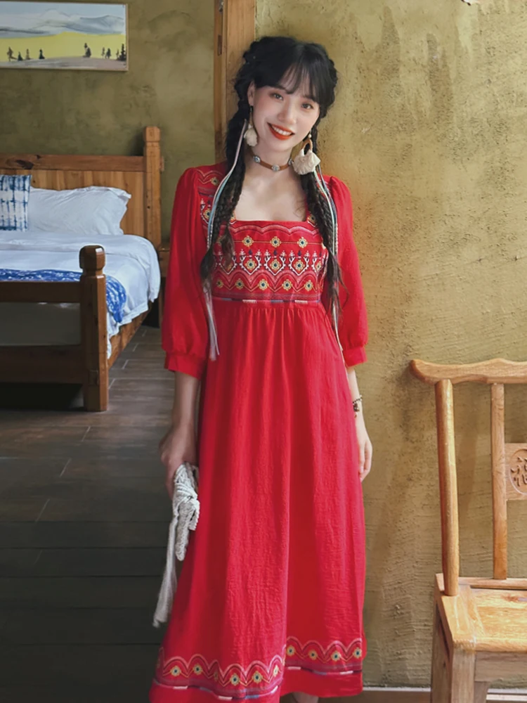 

Summer new women's retro national style embroidered square collar seven-point sleeve cotton hemp dress holiday travel long dress