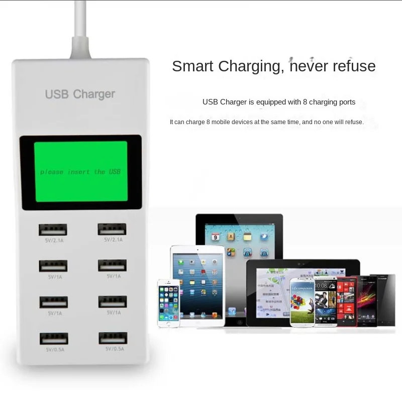 Wholesale 8-Port USB Fast Charger with Display: Tablets and Smartphones, 5V2A Intelligent Voltage Control
Wholesale 8-Port USB Fast Charger with Display: Tablets and Smartphones, 5V2A Intelligent Voltage Control