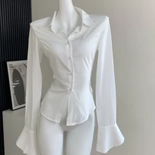 Women Retro Solid Color Slim Chiffon Shirt Turn-down Collar Flare Sleeve Tunic Bandage Design Female Blouses 2023 Spring Summer