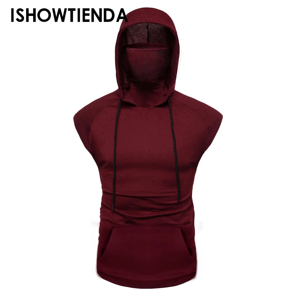 

Mens Gym Hoodie Sleeveless With Mask Sweatshirt Hoodies Casual Splice Large Open-forked Male Clothing Mask Button Sports Hooded