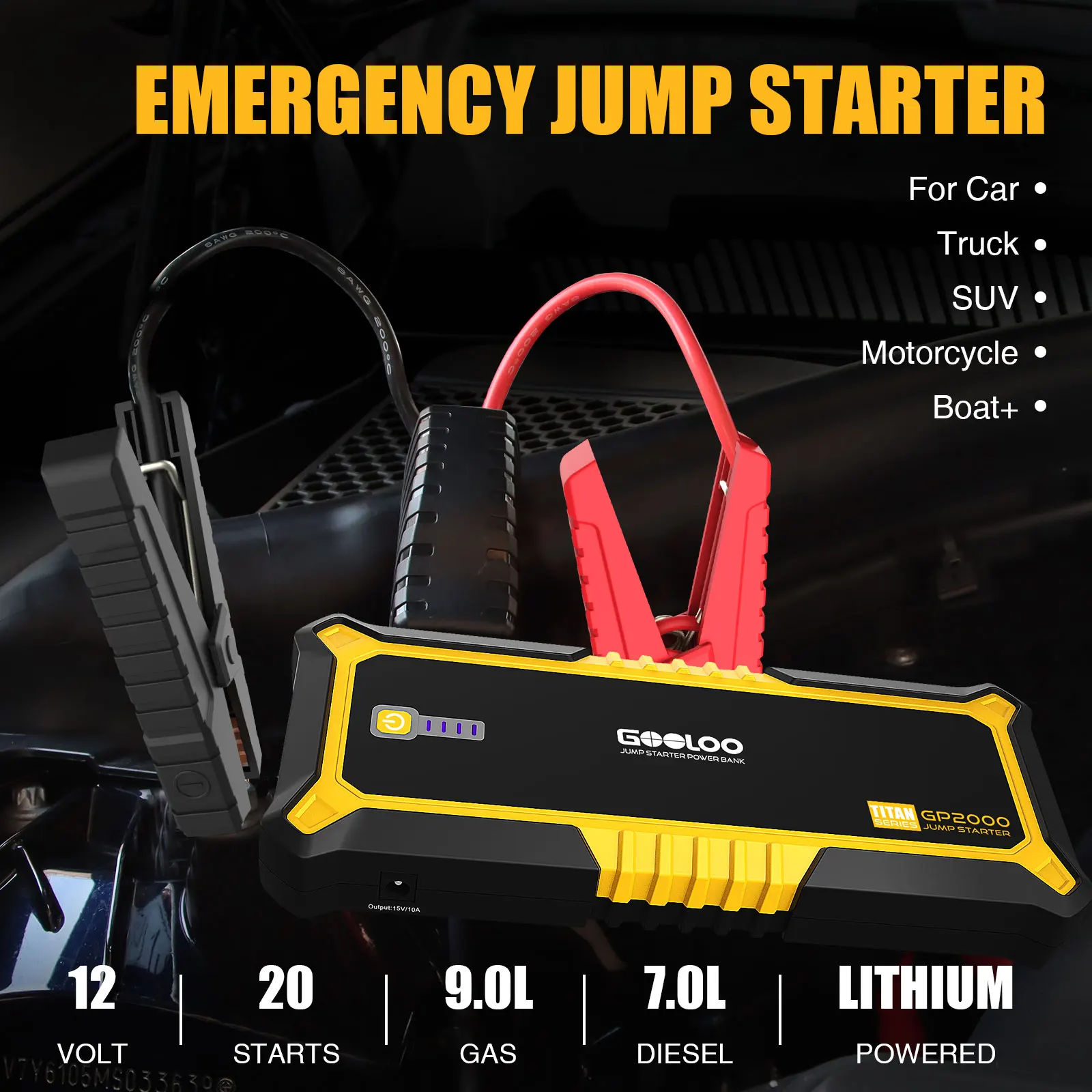 2000A 19800mAh Car Jump Starter 12V Auto Car Battery Booster Power Box for UP to 9L Gas or 7L Engine, Portable
2000A 19800mAh Car Jump Starter 12V Auto Car Battery Booster Power Box for UP to 9L Gas or 7L Engine, Portable