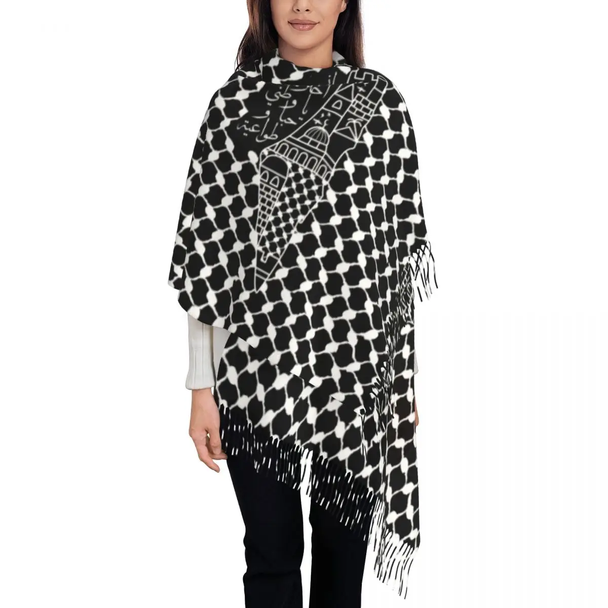 

Palestinian Hatta Kufiya Folk Tassel Scarf Women Soft Palestine Keffiyeh Shawls Wraps Lady Winter Fall Scarves