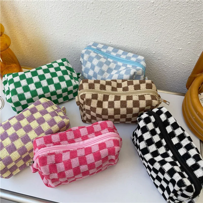 

Checkerboard Lattice Makeup Bag Knitted Fabric Women Cosmetic Organizer Zipper Beauty Pouch Wrist Make Up Pouch Toiletry Case