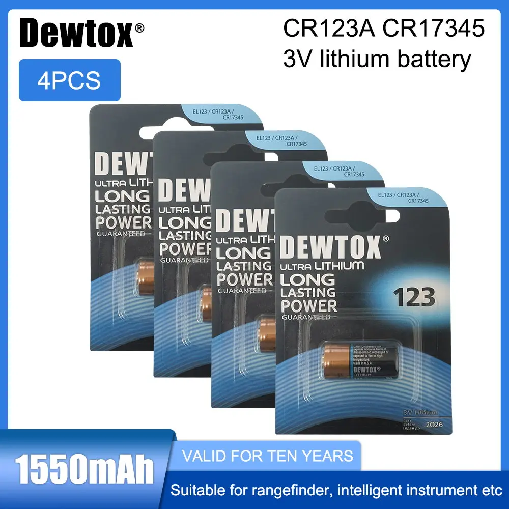 4PC NEW Original DEWTOX Lithium battery 3v 1550mah CR123 CR 123A CR17345 16340 cr123a dry primary battery for camera meter
4PC NEW Original DEWTOX Lithium battery 3v 1550mah CR123 CR 123A CR17345 16340 cr123a dry primary battery for camera meter
