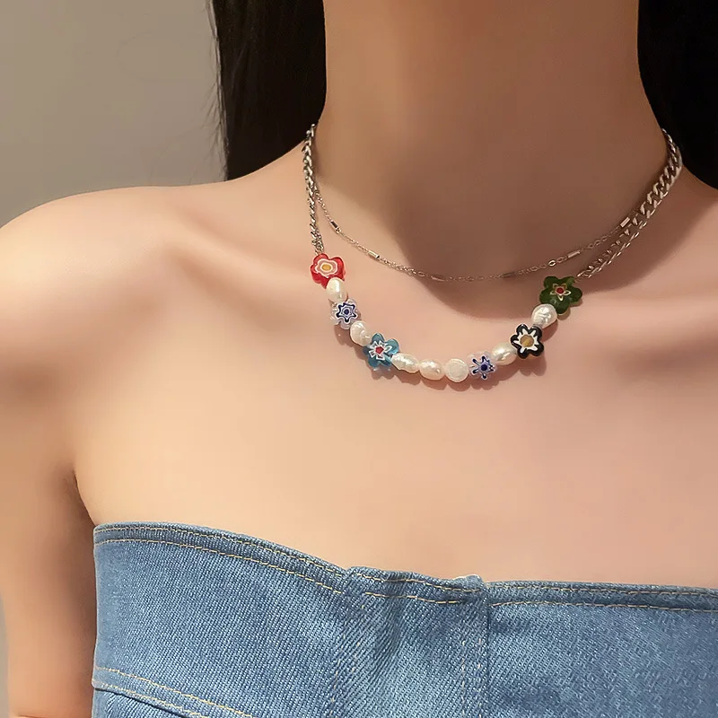 

2022 Layered Pearls Colorful Flower Beads Necklace for Women Sweets Cute Pearl Fashion Statement Woman Necklaces Choker Jewelry