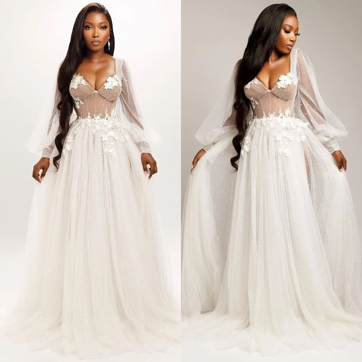 Glitter A Line Wedding Dresses Illusion Bustier Long Sleeves Bridal Gown Women Appliqued Boho Robe de Mariage
Glitter A Line Wedding Dresses Illusion Bustier Long Sleeves Bridal Gown Women Appliqued Boho Robe de Mariage