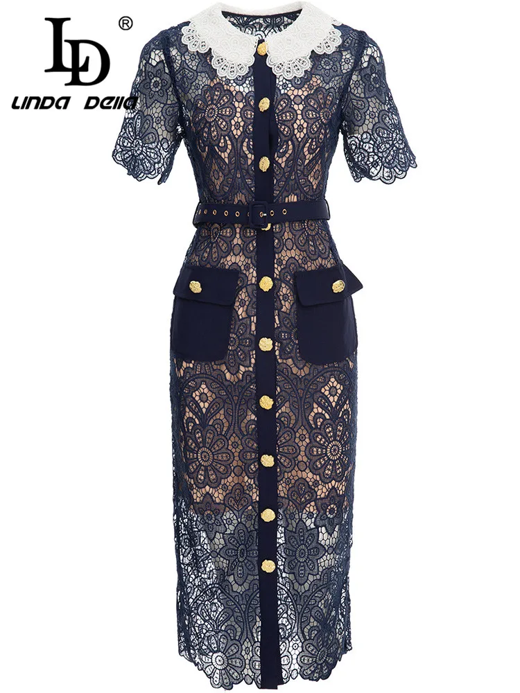 

LD LINDA DELLA Fashion Runway Summer Dress Women Short sleeve Sashes Single-breasted Vintage Elegant Lace Midi Dress Vestidos