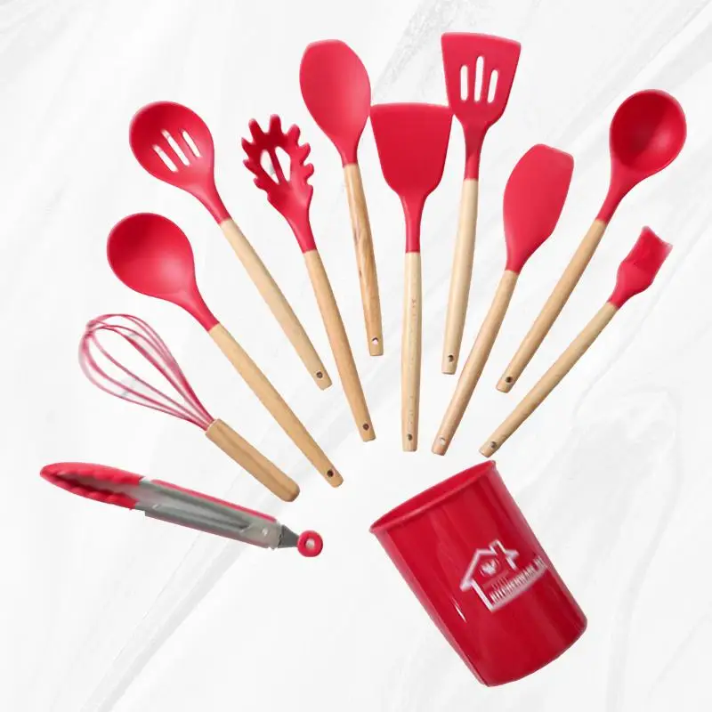 

Premium Silicone Kitchen Utensil Set with Ergonomic Wooden Handles for Effortless Cooking and Non-Stick Performance - A Must-Ha