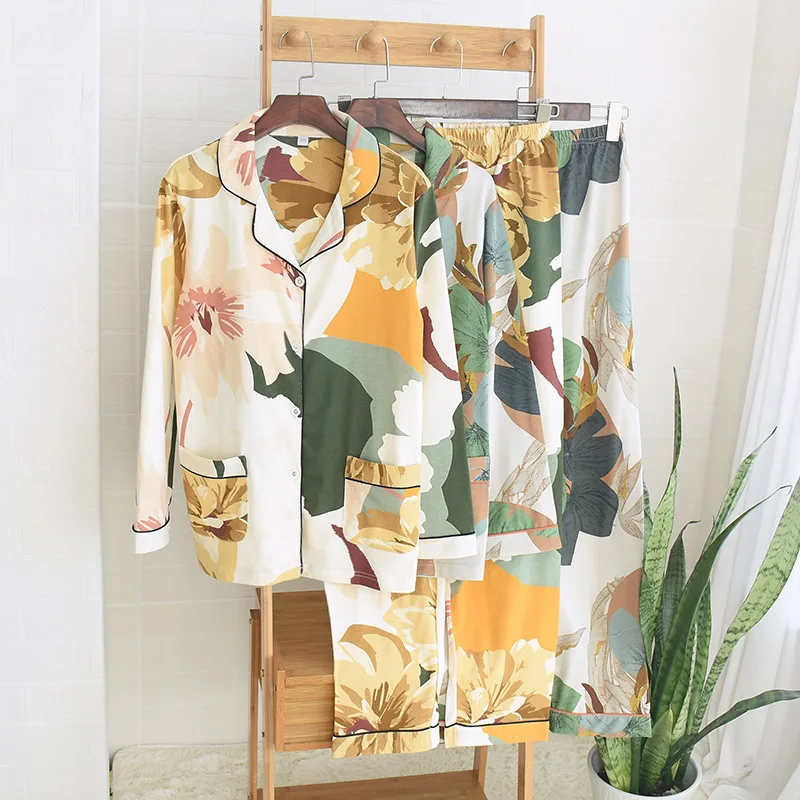 Women 100% Cotton Pajamas Palm Leaf Printing Pyjamas Turn-down Collar Long Sleeve Trousers 2 Piece Suit Home Clothes
Women 100% Cotton Pajamas Palm Leaf Printing Pyjamas Turn-down Collar Long Sleeve Trousers 2 Piece Suit Home Clothes