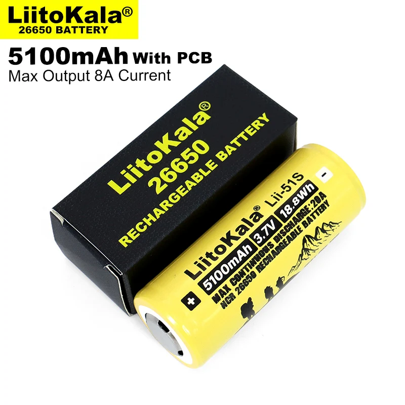 4PCS Liitokala LII-51S 26650 8A power rechargeable lithium battery 26650A 3.7V 5100mA Suitable for flashlight(PCB protection)
4PCS Liitokala LII-51S 26650 8A power rechargeable lithium battery 26650A 3.7V 5100mA Suitable for flashlight(PCB protection)