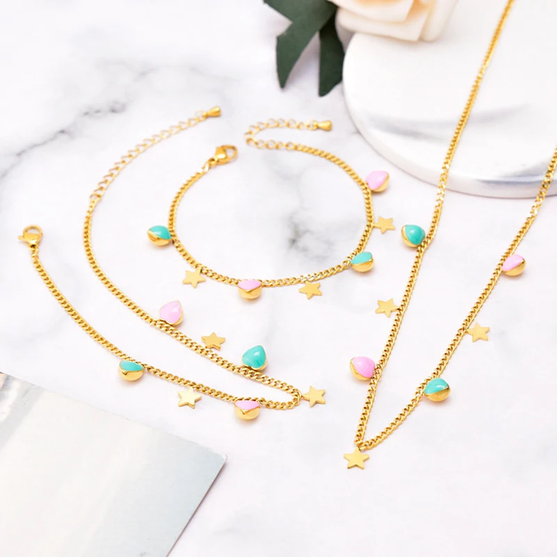 CARLIDANA 3pcs/Set Luxury Blue Pink Sweet Heart Star Charm Necklace/Bracelet/Anklet Jewelry Set for Women Stainless Steel 18 K
CARLIDANA 3pcs/Set Luxury Blue Pink Sweet Heart Star Charm Necklace/Bracelet/Anklet Jewelry Set for Women Stainless Steel 18 K