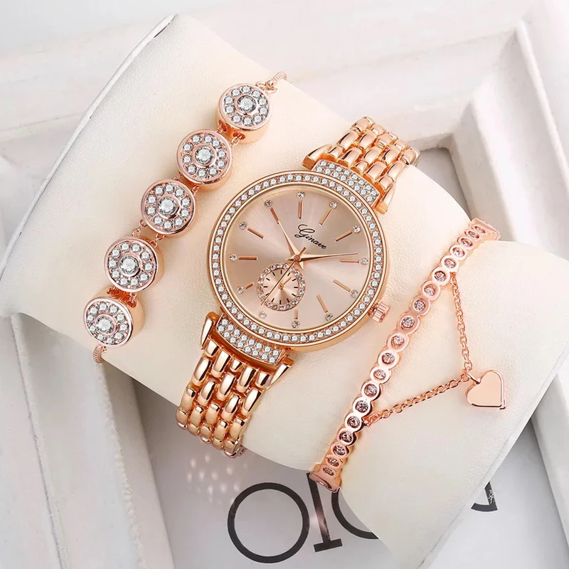 

GINAVE Fashion 3pcs Set Women Watches Luxury Steel Band Rhinestone Watch Ladies Quartz WristWatch Bracelet Set Dress Reloj Mujer