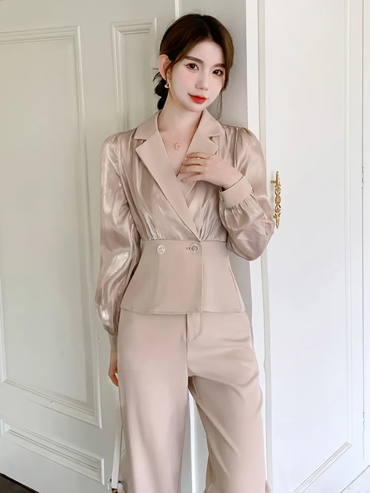 Autumn Fashion Casual Popular Satin Trousers Two Piece Set Women Blazer Top + Wide Leg Pant Sets Korean OL 2 Piece Pant Suits
Autumn Fashion Casual Popular Satin Trousers Two Piece Set Women Blazer Top + Wide Leg Pant Sets Korean OL 2 Piece Pant Suits