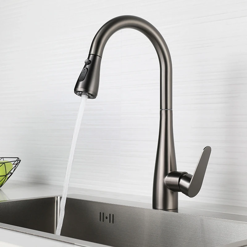 

Gun Gray Kitchen Faucet Pull-out Hot And Cold Mixer Water Tap Rotatable Retractable 304 Stainless Steel Washbasin Sink Faucets
