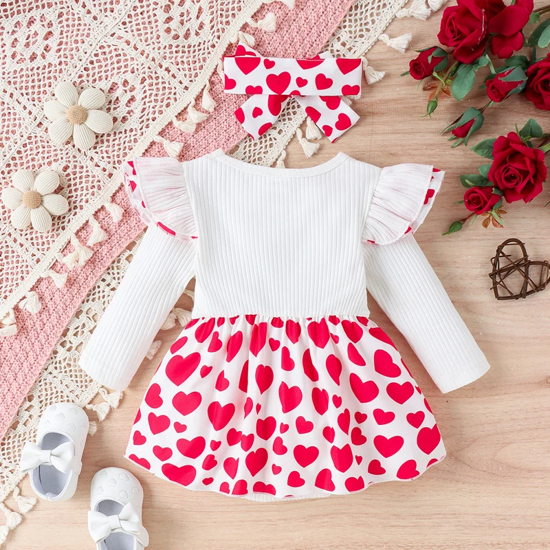 

Baby Girl Valentines Outfit Newborn Fall Ruffle Long Sleeve Crewneck Elephant Love Heart Print Romper Dress