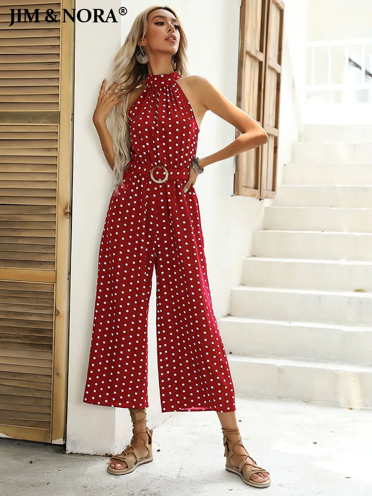 

JIM & NORA Summer Wide Leg Jumpsuit Women Sleeveless Halter Neck Loose Casual Rompers Fashion Holiday Polka Dots Playsuit