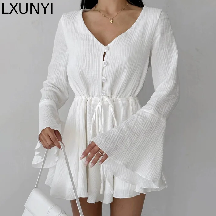 

LXUNYI European Women's Flare Sleeve Temperament Dress A Line Slim V Neck Long Sleeve Slim Drawstring Short Dresses White