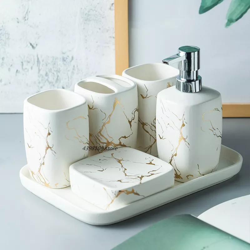 Nordic marble texture bathroom supplies ceramic bathroom accessories set soap dispenser / toothbrush holder / soap box / tray 
Nordic marble texture bathroom supplies ceramic bathroom accessories set soap dispenser / toothbrush holder / soap box / tray