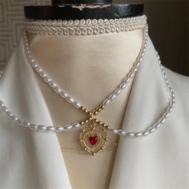 

Renaissance Style Double Strand Faux Pearl Choker Necklace for Women Girl Heart Layered Choker W/ Red Heart Charm -Garnet Stone