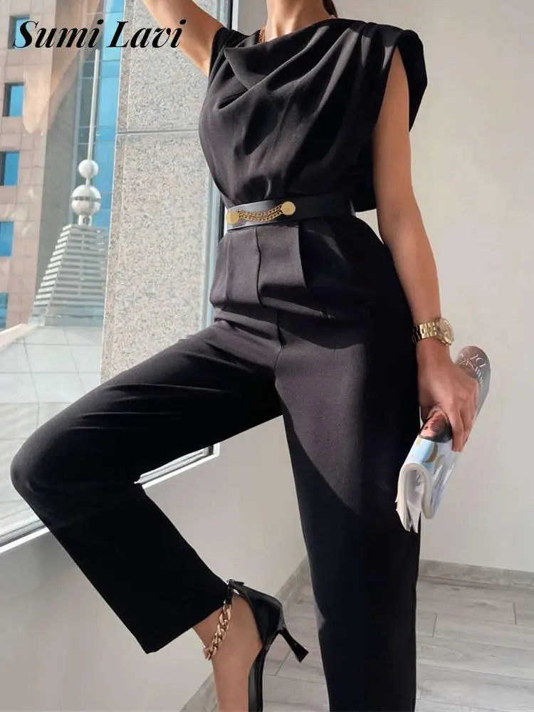 Lady Elegant Office Commute Playsuit Summer Sleeveless Crew Neck Shoulder Pads Romper Trendy Solid Belt Waisted Pencil Jumpsuits
Lady Elegant Office Commute Playsuit Summer Sleeveless Crew Neck Shoulder Pads Romper Trendy Solid Belt Waisted Pencil Jumpsuits