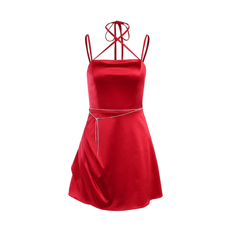 Women Sexy Solid Satin Cross Halter Mini Dress Summer Female Clothing Miniskirt Camiscole Dress Ladies Fashion Slender Skirt
Women Sexy Solid Satin Cross Halter Mini Dress Summer Female Clothing Miniskirt Camiscole Dress Ladies Fashion Slender Skirt