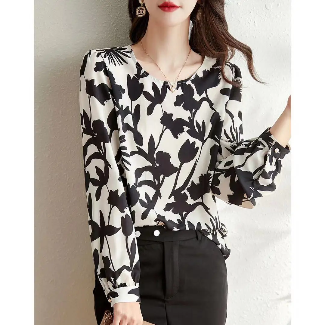Женская шифоновая блузка с оборками, Элегантная блузка с круглым вырезом и цветочным принтом, свободные топы в Корейском стиле для девочек-... 
Женская шифоновая блузка с оборками, Элегантная блузка с круглым вырезом и цветочным принтом, свободные топы в Корейском стиле для девочек-...