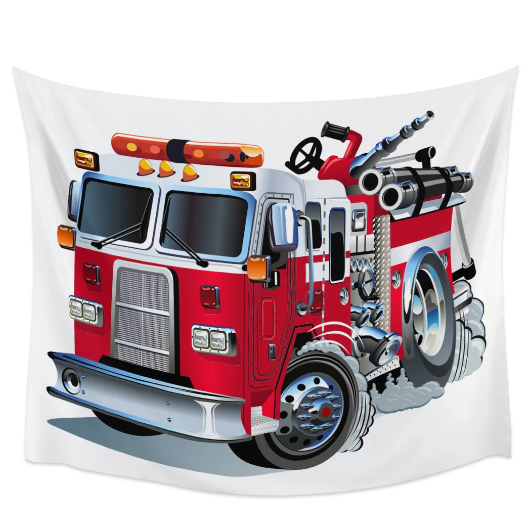 

Cartoon Red Fire Truck White Tapestry Background Wall Covering Home Decoration Blanket Bedroom Wall Hanging Tapestries