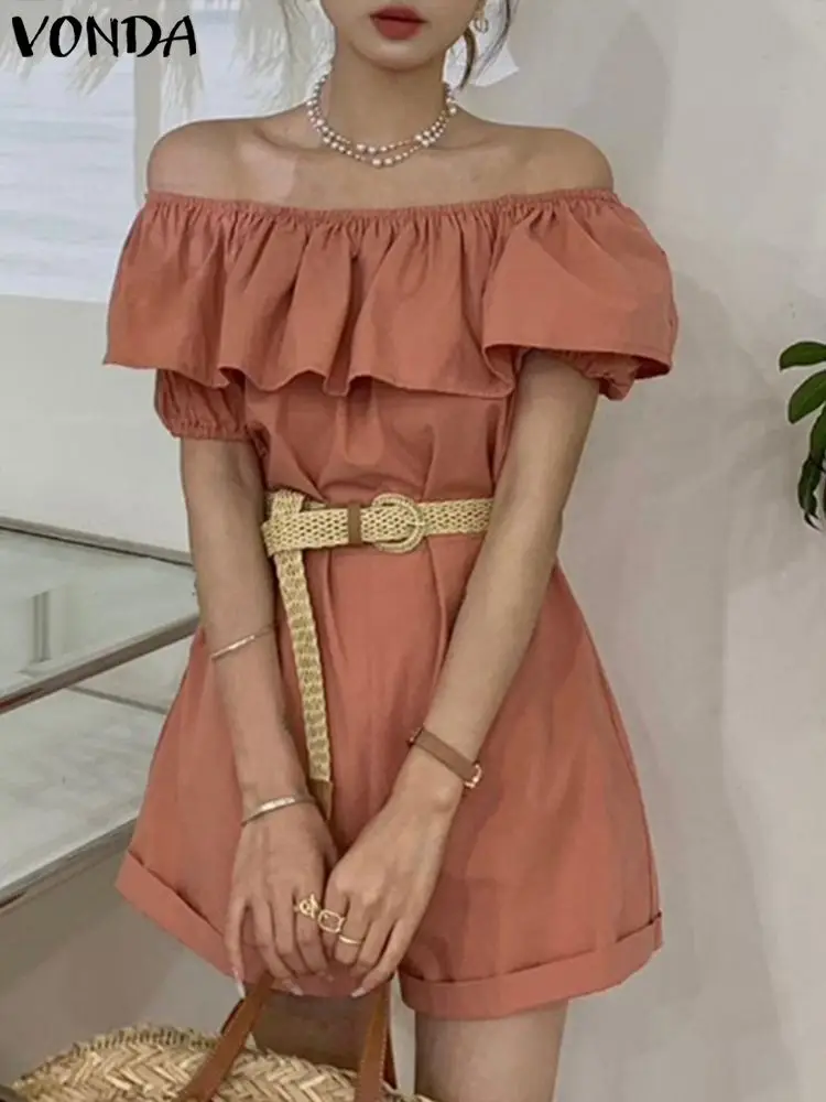 2023 VONDA Summer Jumpsuits Women Sexy Off Shoulder Playsuits Short Sleeve Ruffles Elegant Solid Color Belted Loose Short Romper
2023 VONDA Summer Jumpsuits Women Sexy Off Shoulder Playsuits Short Sleeve Ruffles Elegant Solid Color Belted Loose Short Romper