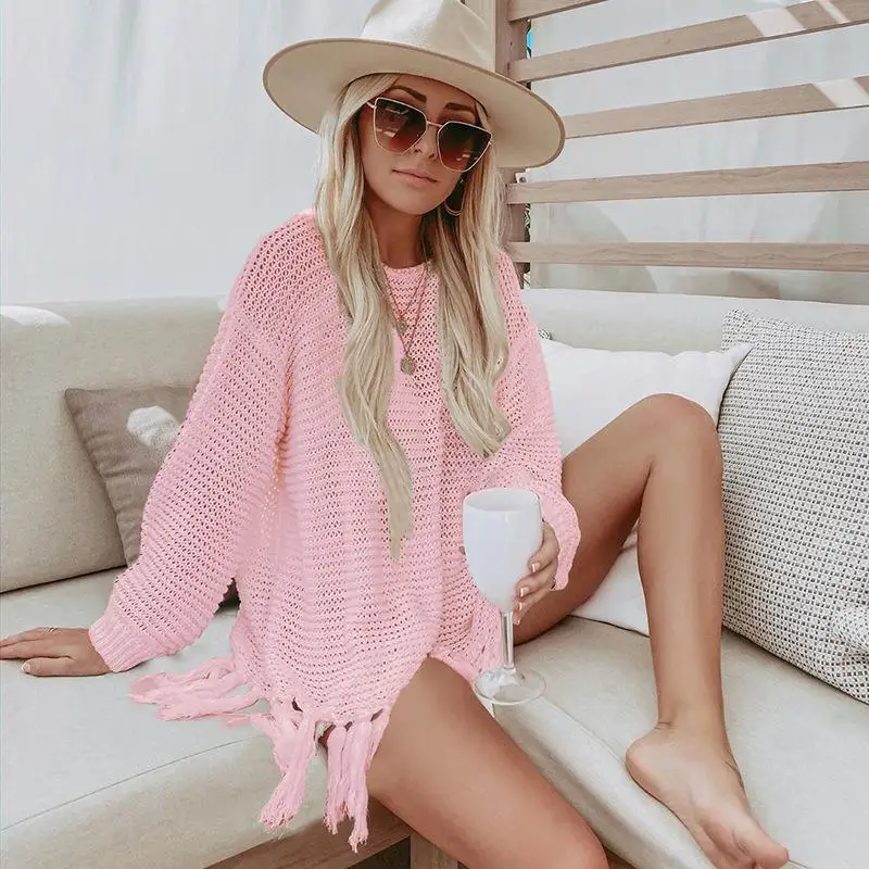 

Beach Coat Hollowed-out Knitted Fringed Blouse Lady Sand Beach Wear Holiday Bikini Jacket Swimsuit Seaside Sunscreen Women Pink