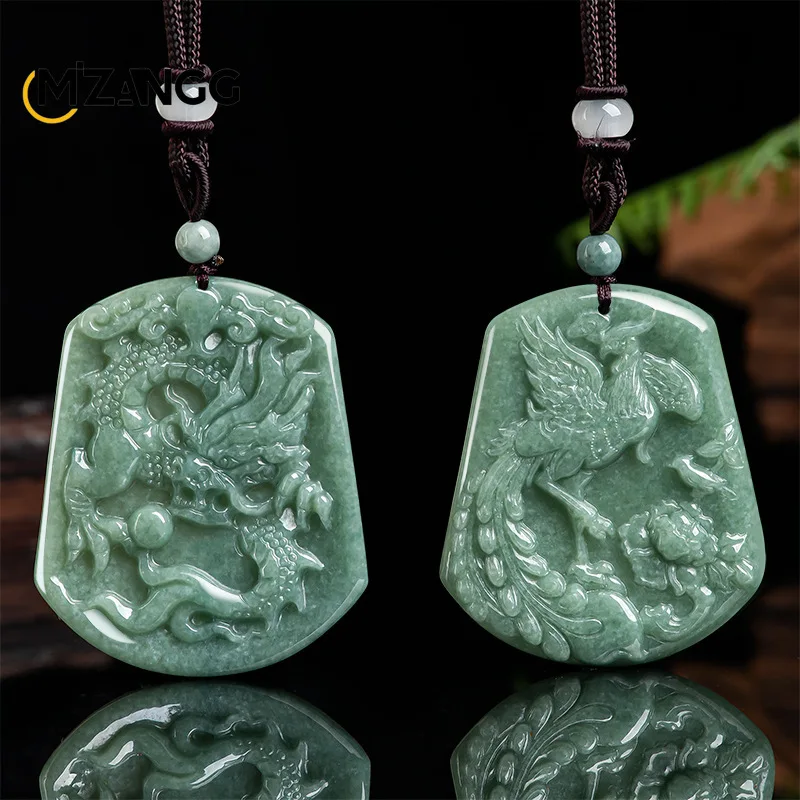 

Natural A Goods Jadeite Zodiac Dragon Phoenix Pendant Chinese Carved Fashion Men and Women Jade Necklace Jewelry Lucky Amulet