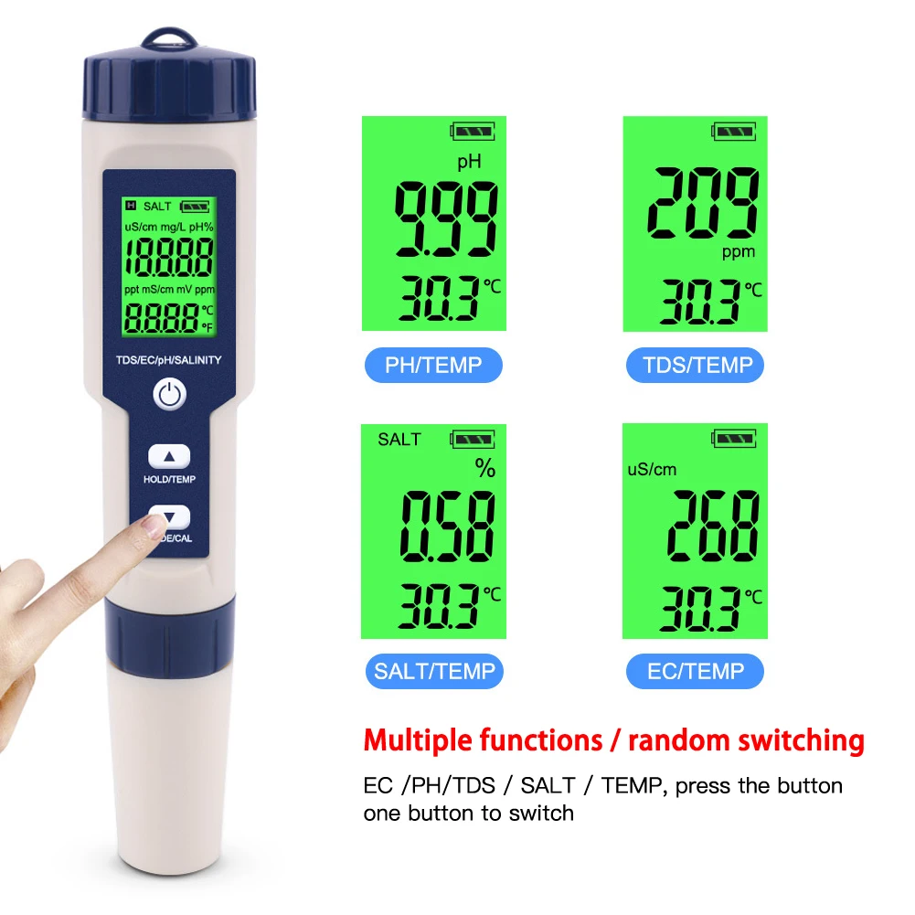 UYANGG 5 in 1 PH TDS EC Temp Salinity/Temperature Meter Digital Water Quality Tester Monitor for Drinking Water Aquariums Tool
UYANGG 5 in 1 PH TDS EC Temp Salinity/Temperature Meter Digital Water Quality Tester Monitor for Drinking Water Aquariums Tool