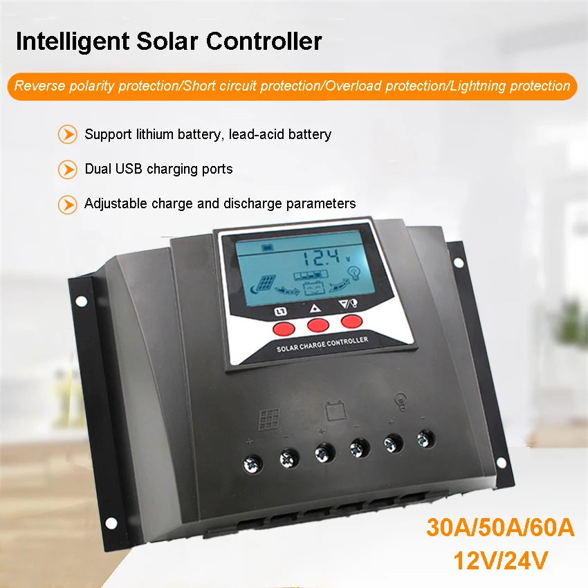 PWM Solar Charger controller 30/50/60A AMPS Solar Panel Backlight voltage control 12V24V Support Auto lithium Battery
PWM Solar Charger controller 30/50/60A AMPS Solar Panel Backlight voltage control 12V24V Support Auto lithium Battery
