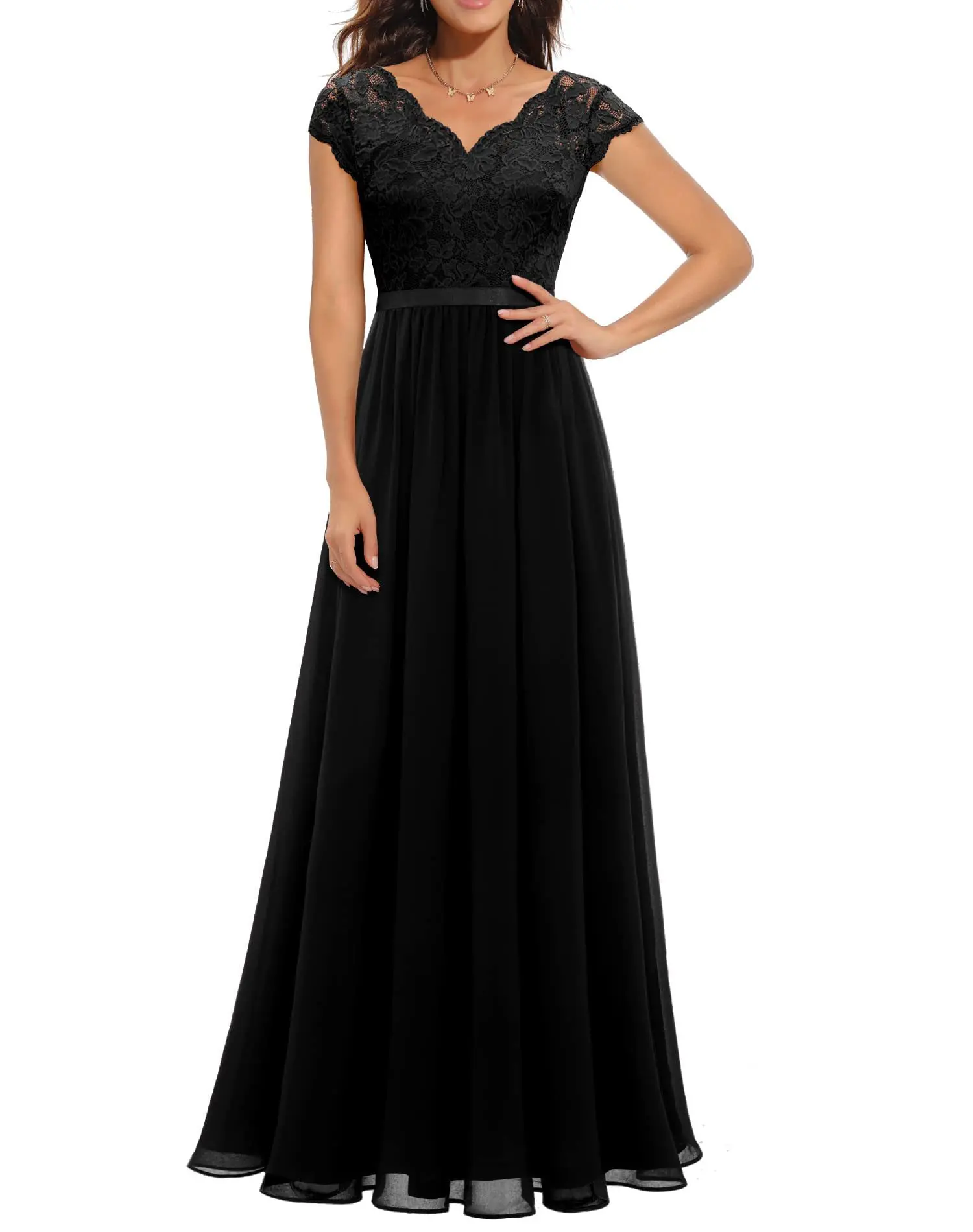 Elegant and Chic Summer Black Lace Patchwork Chiffon Women Backless V-Neck Short Sleeve Empire Waist Party Long Maxi Dress 2023
Elegant and Chic Summer Black Lace Patchwork Chiffon Women Backless V-Neck Short Sleeve Empire Waist Party Long Maxi Dress 2023