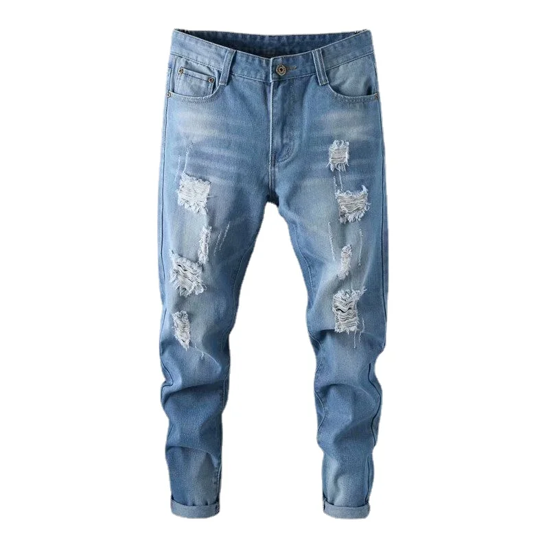 

Новинка лета 2021, рваные джинсы, мужские облегающие укороченные брюки в Корейском стиле с завязкой на щиколотке, модные мешковатые джинсы дл...
