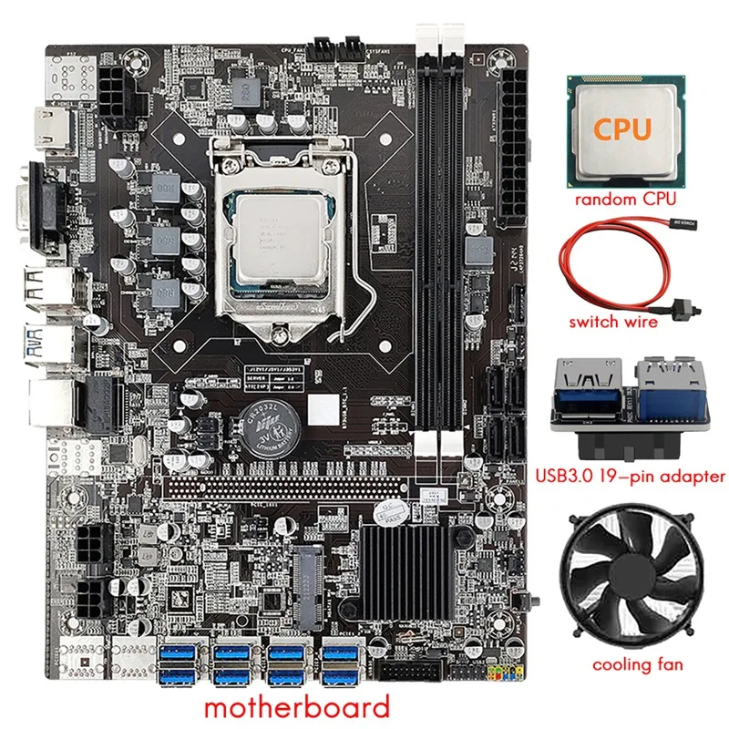 B75 8 Card BTC Mining Motherboard+CPU+Fan+USB3.0 19-Pin Adapter+Switch Cable 8 USB3.0 (PCIE) Slot LGA1155 DDR3 SATA3.0
B75 8 Card BTC Mining Motherboard+CPU+Fan+USB3.0 19-Pin Adapter+Switch Cable 8 USB3.0 (PCIE) Slot LGA1155 DDR3 SATA3.0