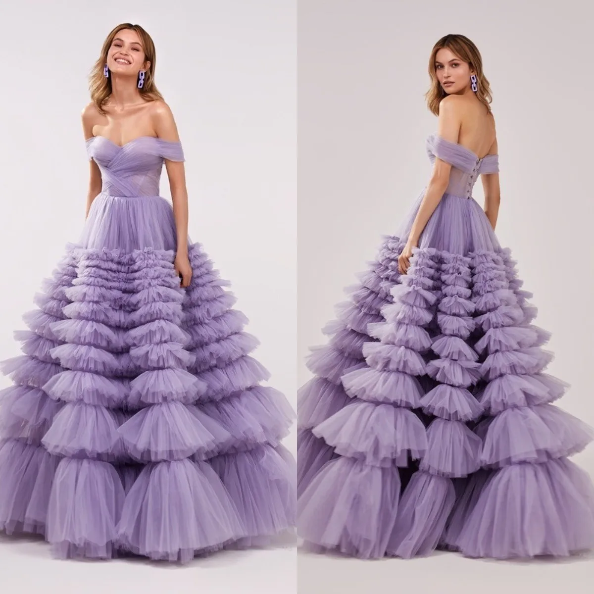 Lavender A Line Tulle Evening Dresses Off Shoulder Long Prom Gowns Fluffy Ruffles Sweep Train Celebrity Dinner Party Dresses
Lavender A Line Tulle Evening Dresses Off Shoulder Long Prom Gowns Fluffy Ruffles Sweep Train Celebrity Dinner Party Dresses