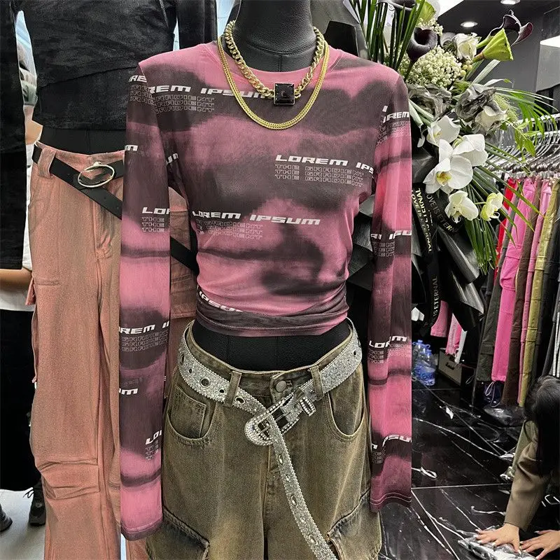 Оптовая продажа, облегающий Топ Y2K, женские сетчатые футболки с градиентом, новинка 2023 года, весенне-осенняя футболка с круглым вырезом и длинным рукавом и буквенным принтом 
Оптовая продажа, облегающий Топ Y2K, женские сетчатые футболки с градиентом, новинка 2023 года, весенне-осенняя футболка с круглым вырезом и длинным рукавом и буквенным принтом