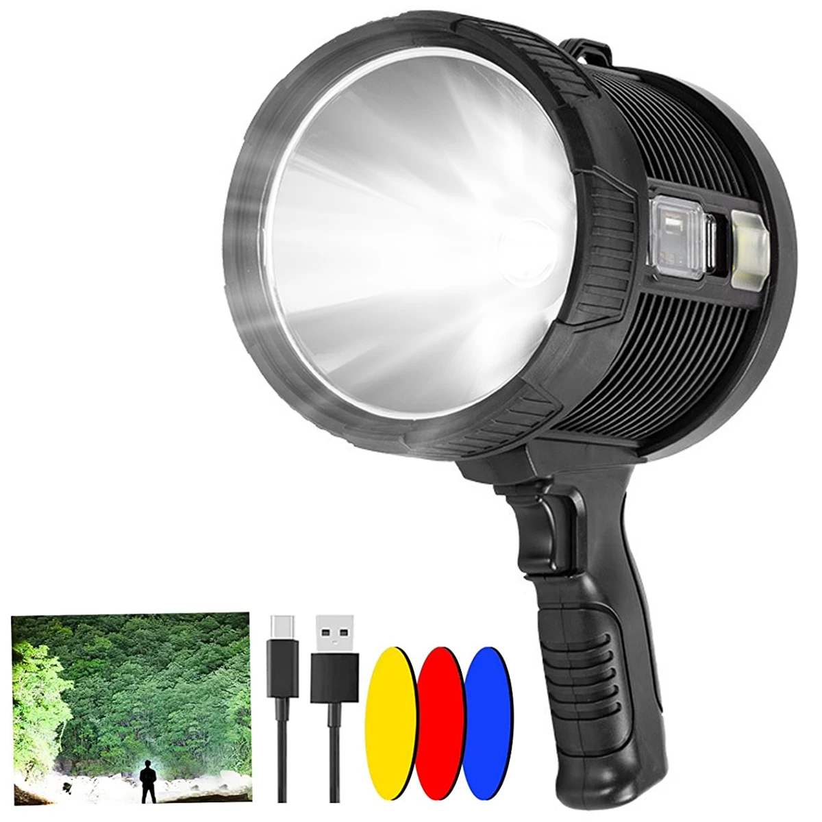 New LED Spotlight with 3 Light Filter 9000 mA Rechargeable Spotlight 6 Light Modes Solar Searchlight Flashlight Bright 2200 lm
New LED Spotlight with 3 Light Filter 9000 mA Rechargeable Spotlight 6 Light Modes Solar Searchlight Flashlight Bright 2200 lm