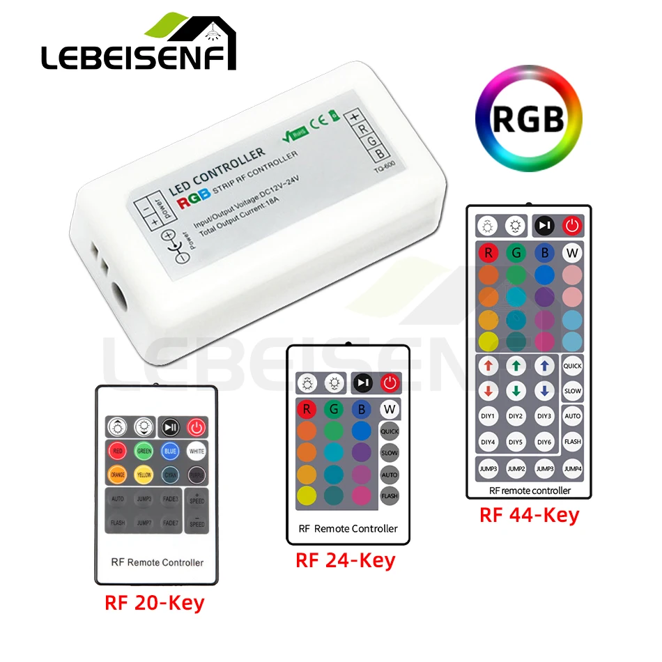 RGB Dimmer DC 12V 24V 18A 3-Channel Colorful Dimming Controller with 20 24 44 Key RF Wireless Remote Control for LED Strip Light
RGB Dimmer DC 12V 24V 18A 3-Channel Colorful Dimming Controller with 20 24 44 Key RF Wireless Remote Control for LED Strip Light