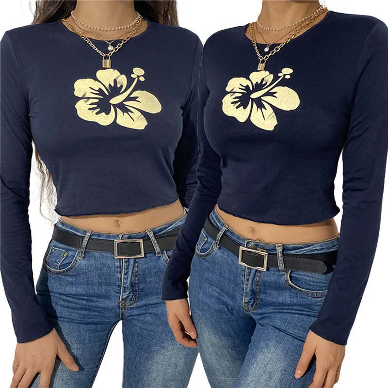 Women's Round Neck Crop Tops, Cute Floral Print Long Sleeve Slim Fit Fall T-Shirts
Women's Round Neck Crop Tops, Cute Floral Print Long Sleeve Slim Fit Fall T-Shirts