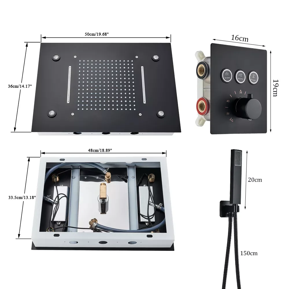 Black LED Thermostatic Bathroom Shower Faucet Set Rain Waterfall Bathtub Shower System Remote Control Colors Ceiling Mounted
Black LED Thermostatic Bathroom Shower Faucet Set Rain Waterfall Bathtub Shower System Remote Control Colors Ceiling Mounted