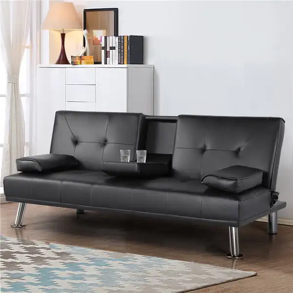 Faux Leather Reclining Futon with Cupholders and Pillows, Black
Faux Leather Reclining Futon with Cupholders and Pillows, Black