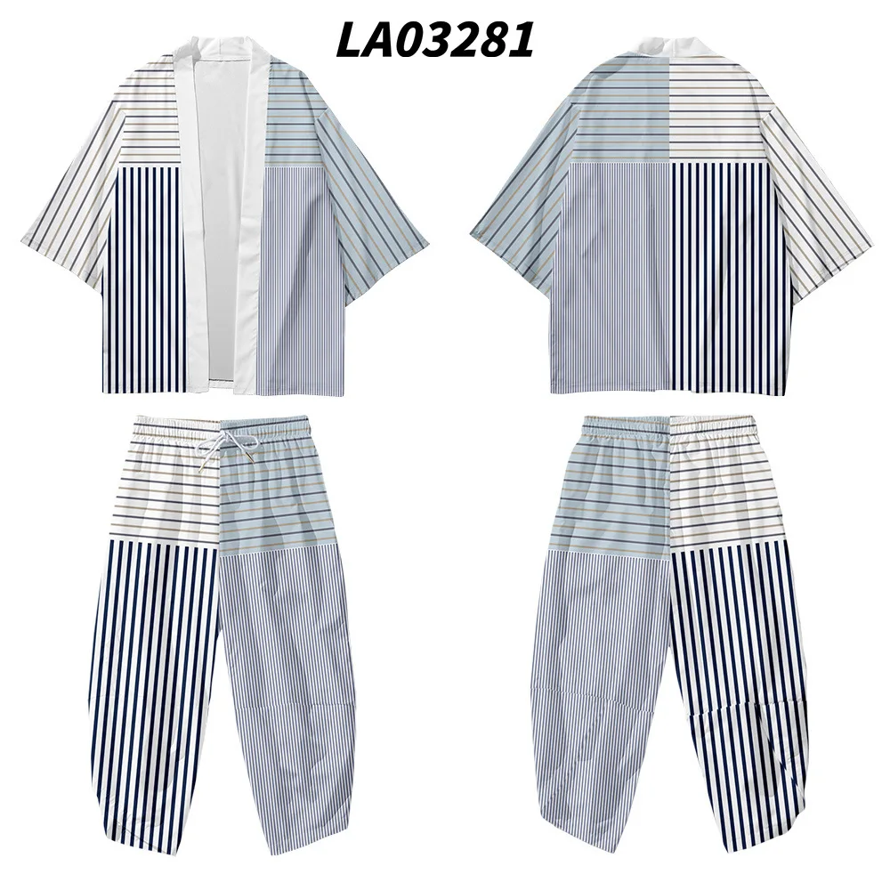 Кимоно в полоску для мальчиков и девочек, модный Свободный японский кардиган оверсайз в стиле Харадзюку, с принтом, штаны в семи точек, 2 шт. 
Кимоно в полоску для мальчиков и девочек, модный Свободный японский кардиган оверсайз в стиле Харадзюку, с принтом, штаны в семи точек, 2 шт.