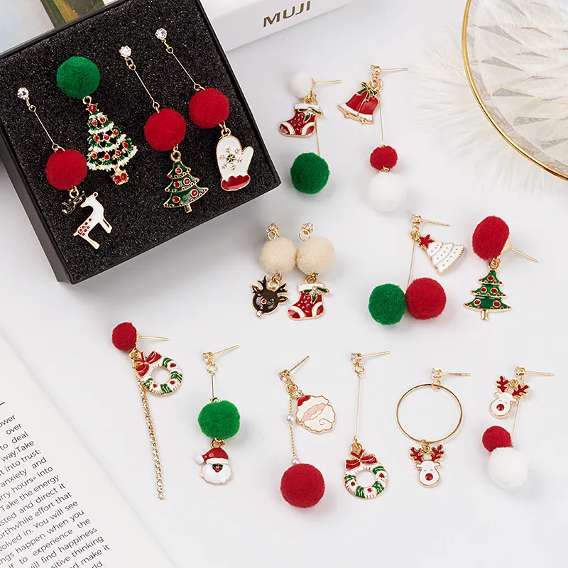 

Christmas New Asymmetric Hair Ball Earrings for Women Fashion Santa Claus Tree Snowman Elk Bell Earrings Jewelry Charming Gift