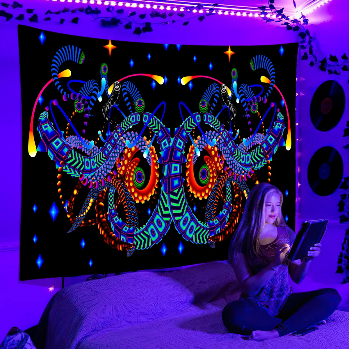 

Black Light Tapestry UV Reaction Psychedelic Space Tapestry Wall Hanging Hippie Tapestry for Bedroom Dorm Indie Room Decor