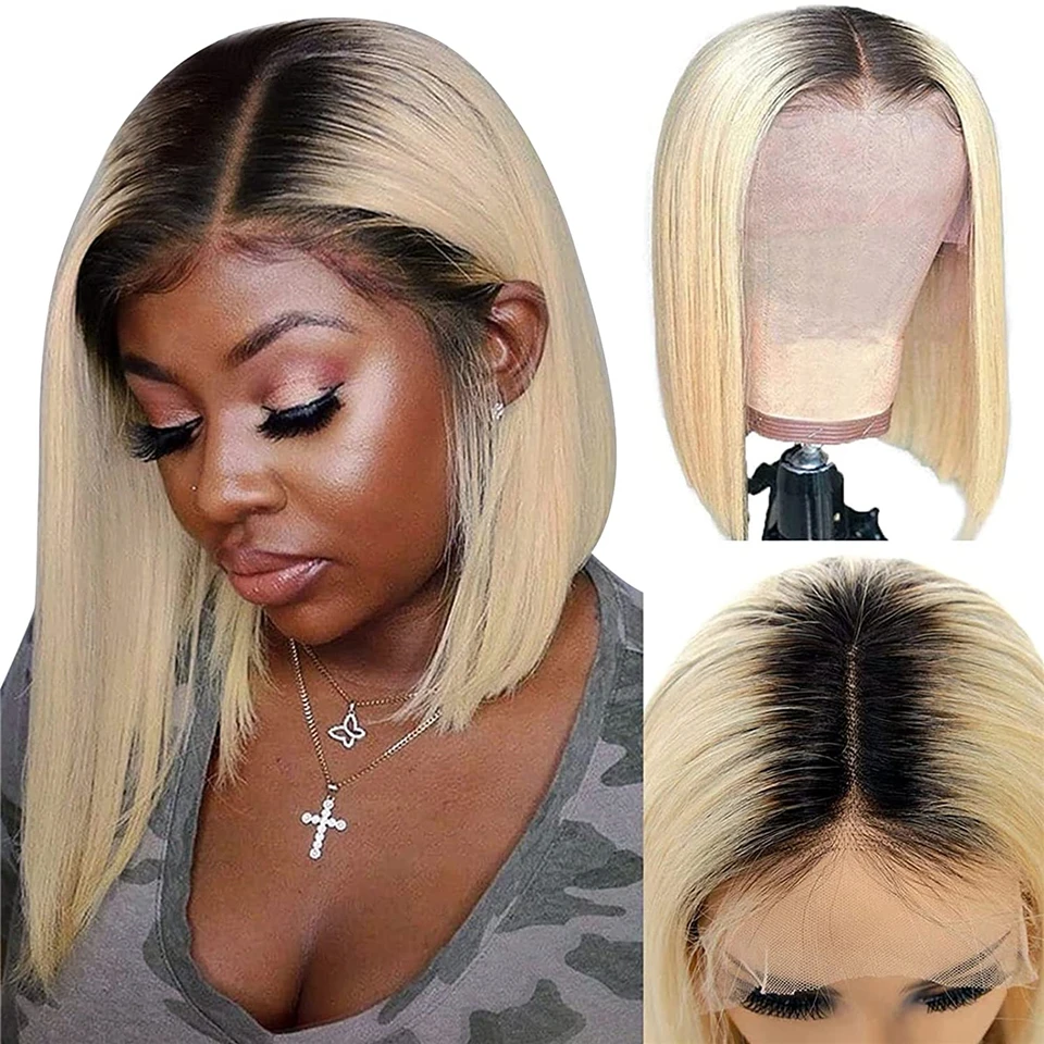 

ANGIE QUEEN Bob Wigs 1B 613 Ombre Blonde Straight Brazilian T Part HD Lace Human Hair Wig Pre Plucked Short Bob Wigs For Women