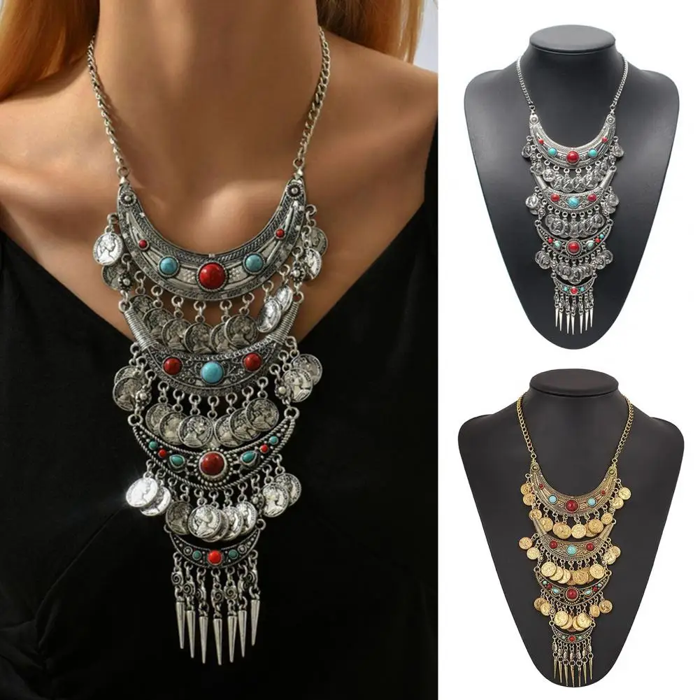 

Statement Necklace Exaggerated Round Coins Tassels Colored Turquoise Layered Gift Hypoallergenic Vintage Ethnic Women Necklace F