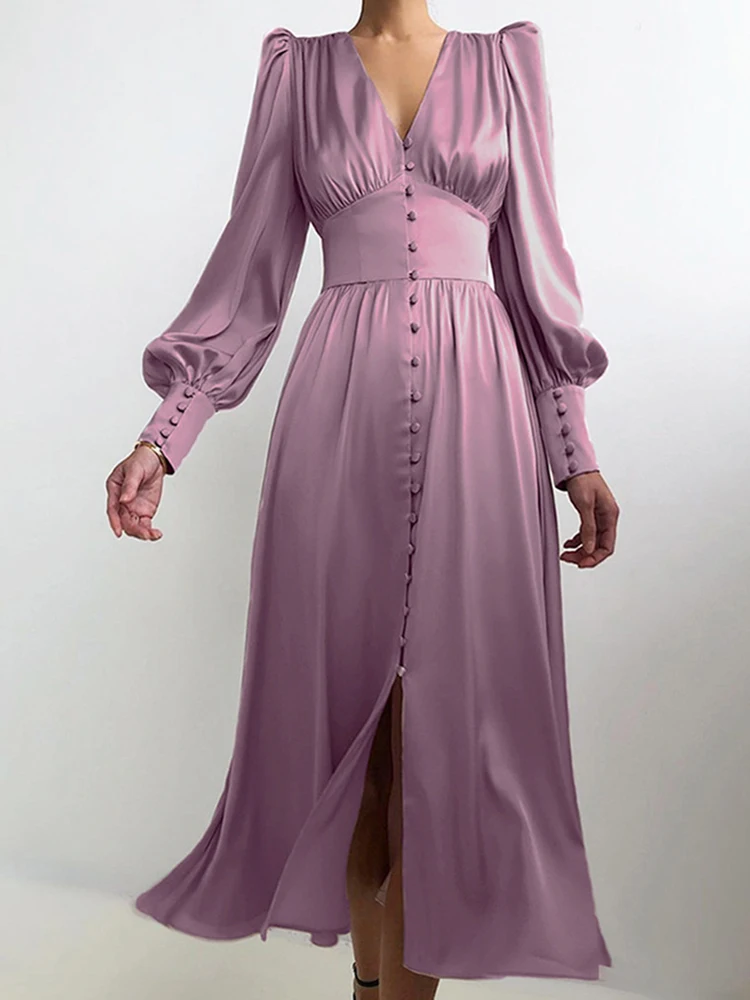 Purple Satin Long Dress Spring Women Elegant V-Neck Lantern Long Sleeve White Maxi Dress Ladies Vintage Button Up Party Dresses
Purple Satin Long Dress Spring Women Elegant V-Neck Lantern Long Sleeve White Maxi Dress Ladies Vintage Button Up Party Dresses